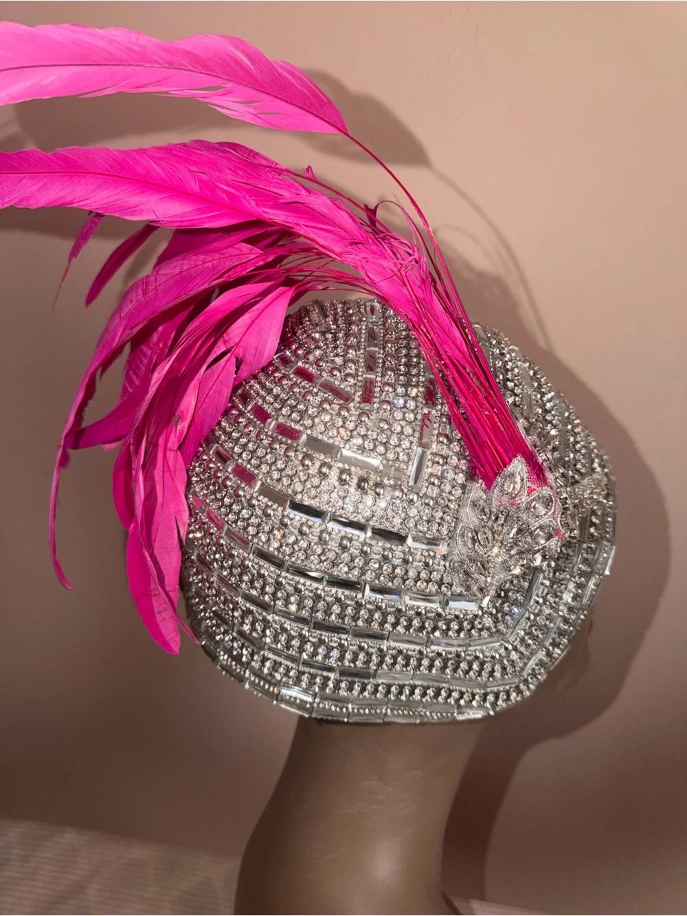 Crystal Beaded Flapper full dome cap with Hot Pink Feathers